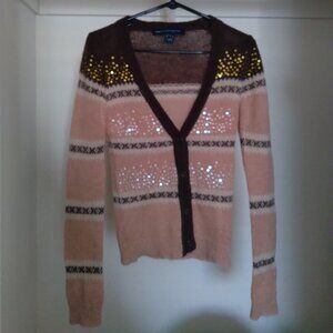 French Connection Brown and Peach Mohair Blend Striped Cardigan with Sequins